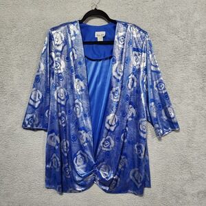 Risa Ann New York Metallic Silver Blue Abstract Overlay Blouse 80's Plus Size 2X